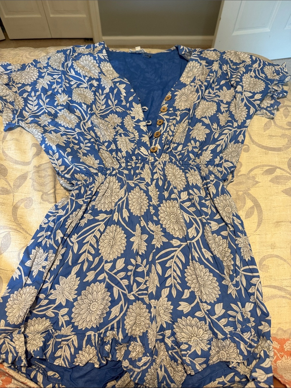 Elan Blue and White Floral V-Neck Romper with Button Front
